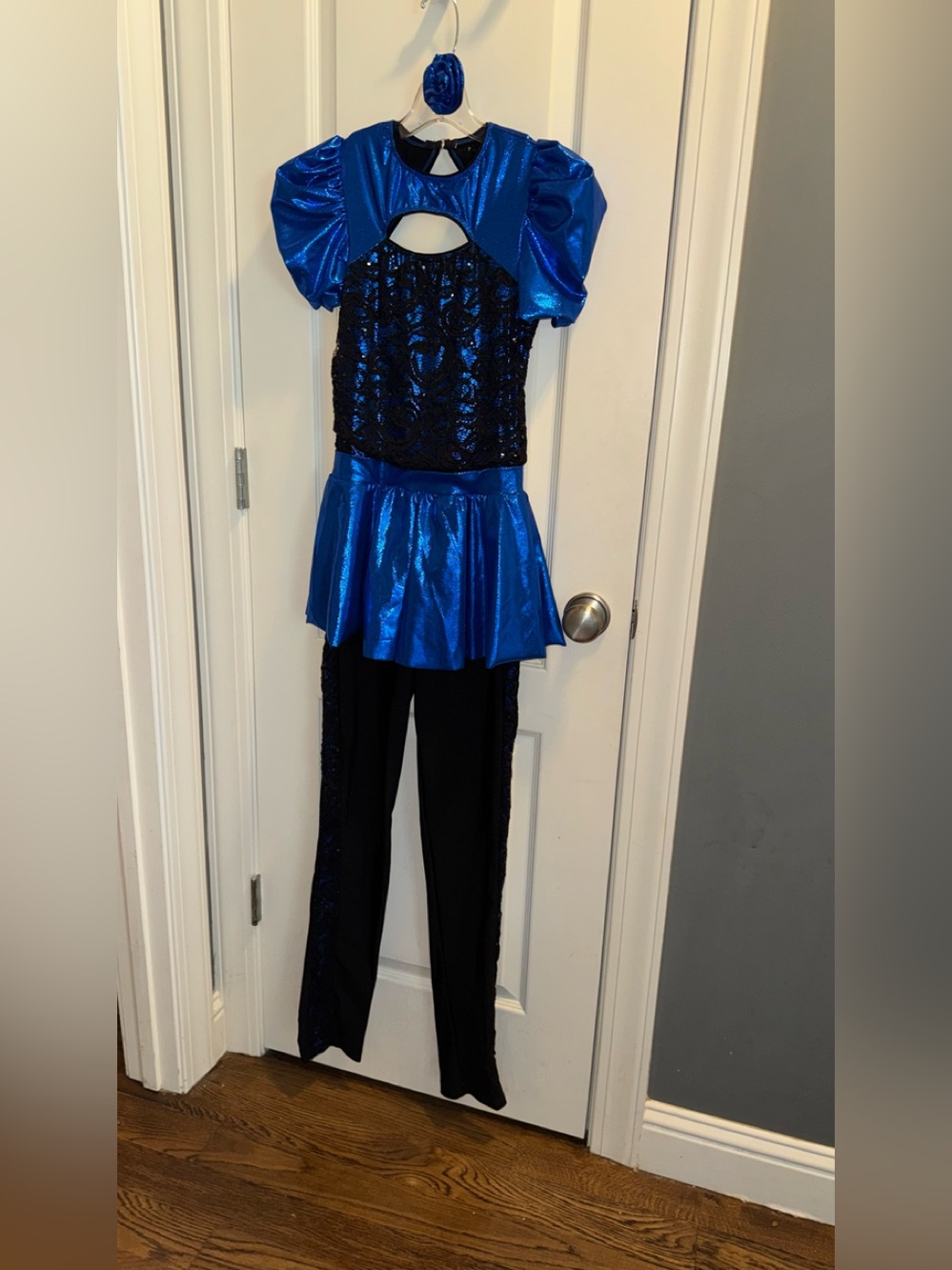Revolution Shiny Blue and Black Dance Costume with Puff Sleeves